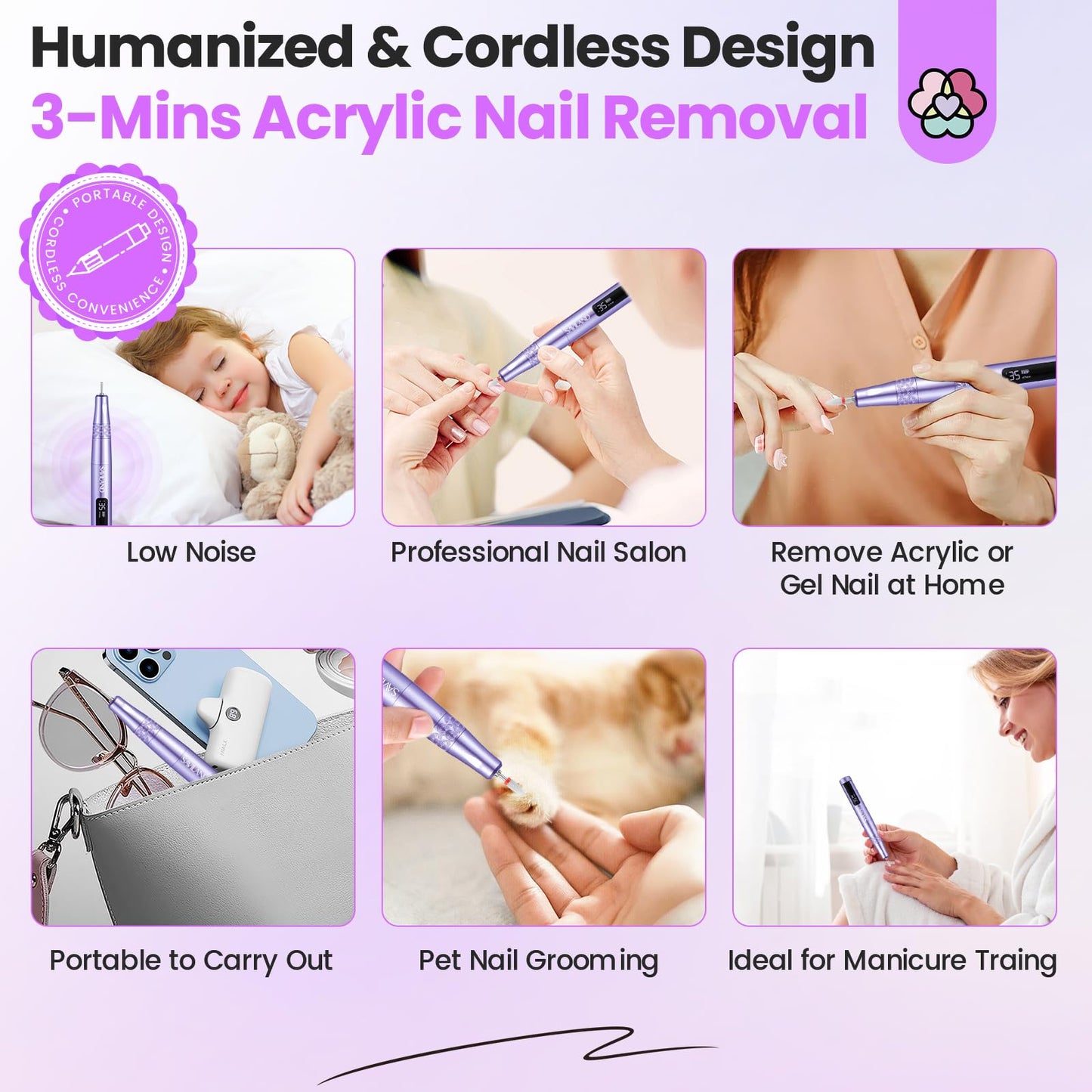 SAVILAND Electric Nail Drill: 35000RPM Cordless Electric Nail File Portable Nail Drill Professional 0 Vibration Hight Speed for 3 Mins Removal Acrylic for Manicure Pedicure Nail Salon at Home(Purple)