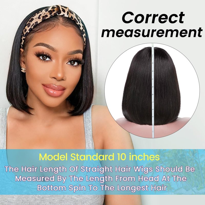 AISI Headband Wigs Human Hair Bob Headband Wig for Black Women with Leopard Print Headband Easy Put On and Go Glueless Wig Straight Wigs Machine Made 180% Density No Lace Wig Natural Color (10 Inch)
