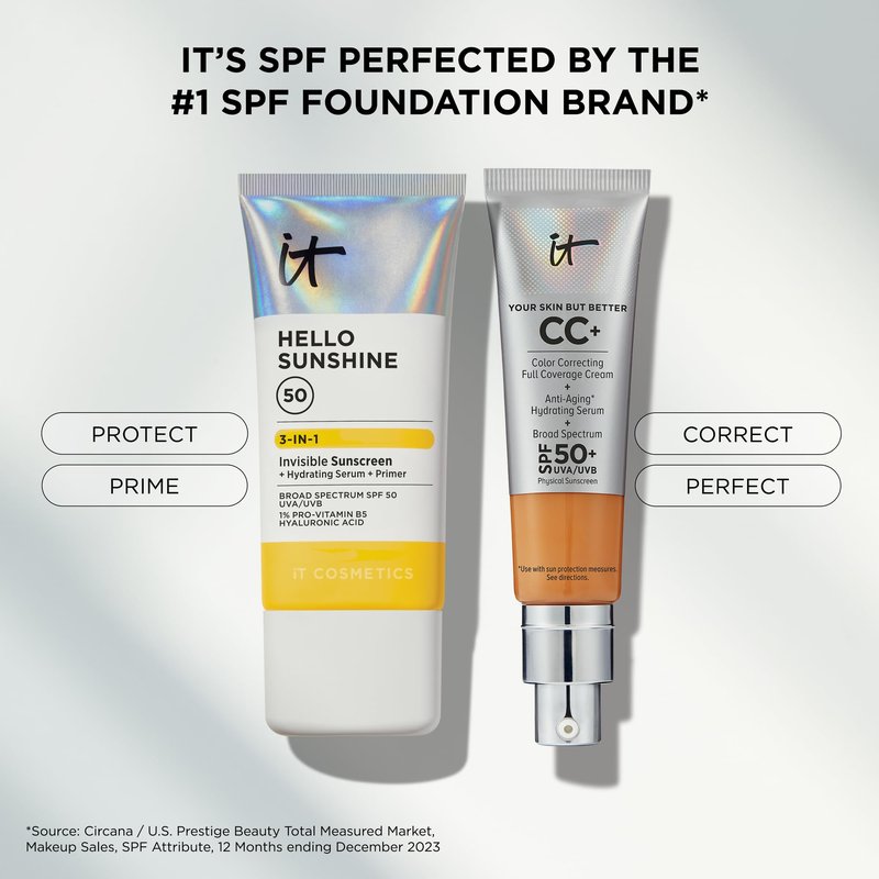 IT Cosmetics Hello Sunshine Invisible Sunscreen for Face SPF 50 - Sunscreen, Hydrating Serum & Makeup Primer - 1% Pro-Vitamin B5 & Hyaluronic Acid - HSA/FSA Eligible - No White Cast - 1.69 fl oz