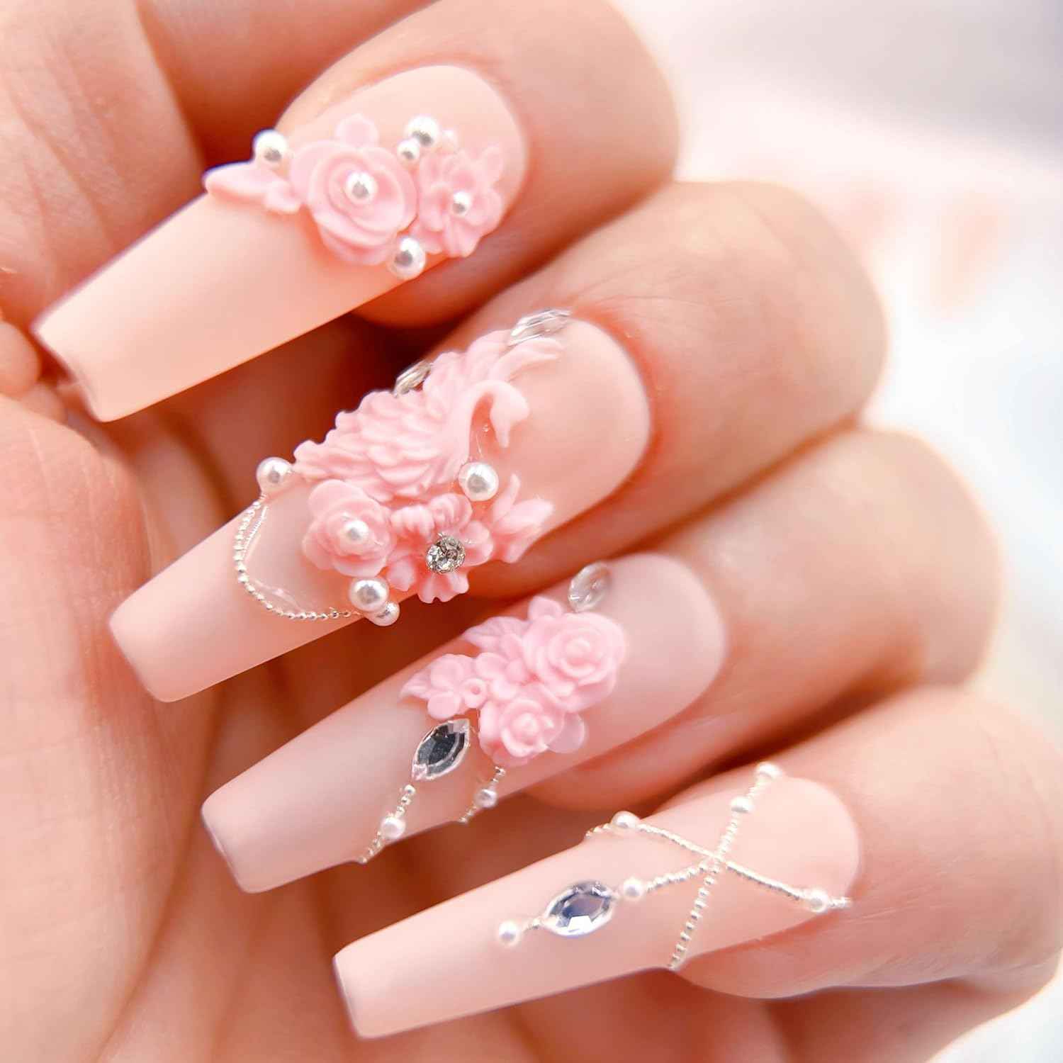 White Wedding 3D Flower Press-On Nails | Reusable Coffin Nails for Women - 20pcs (Pearl Romance, L)