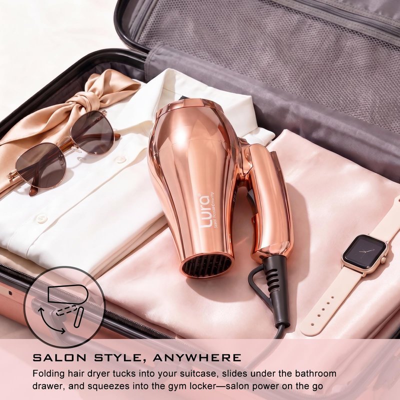 LURA Auto Dual Voltage Travel Hair Dryer with Diffuser,Travel Blow Dryer Mini with EU Plug and UK Plug,Lightweight Portable Hairdryers with Folding Handle,1200W Compact Small Blowdryers for Women