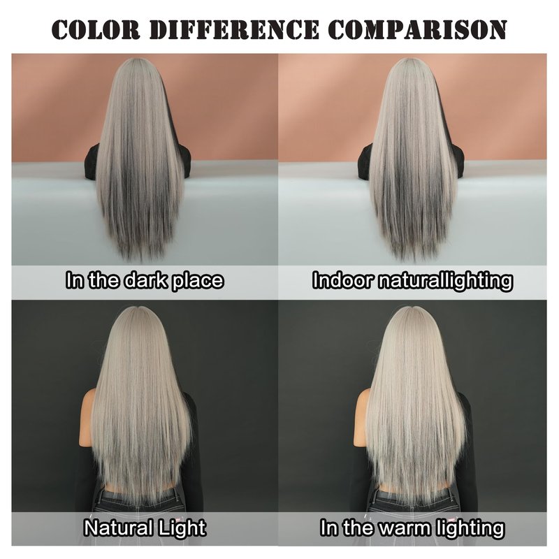7JHH WIGS Long Straight Silver Grey Highlight Wig with Bangs 27in Natural Heat Resistant Fiber Synthetic Grey Black Ombre Layered Wigs for Women Girls Holiday Chrismas Daily Party Used