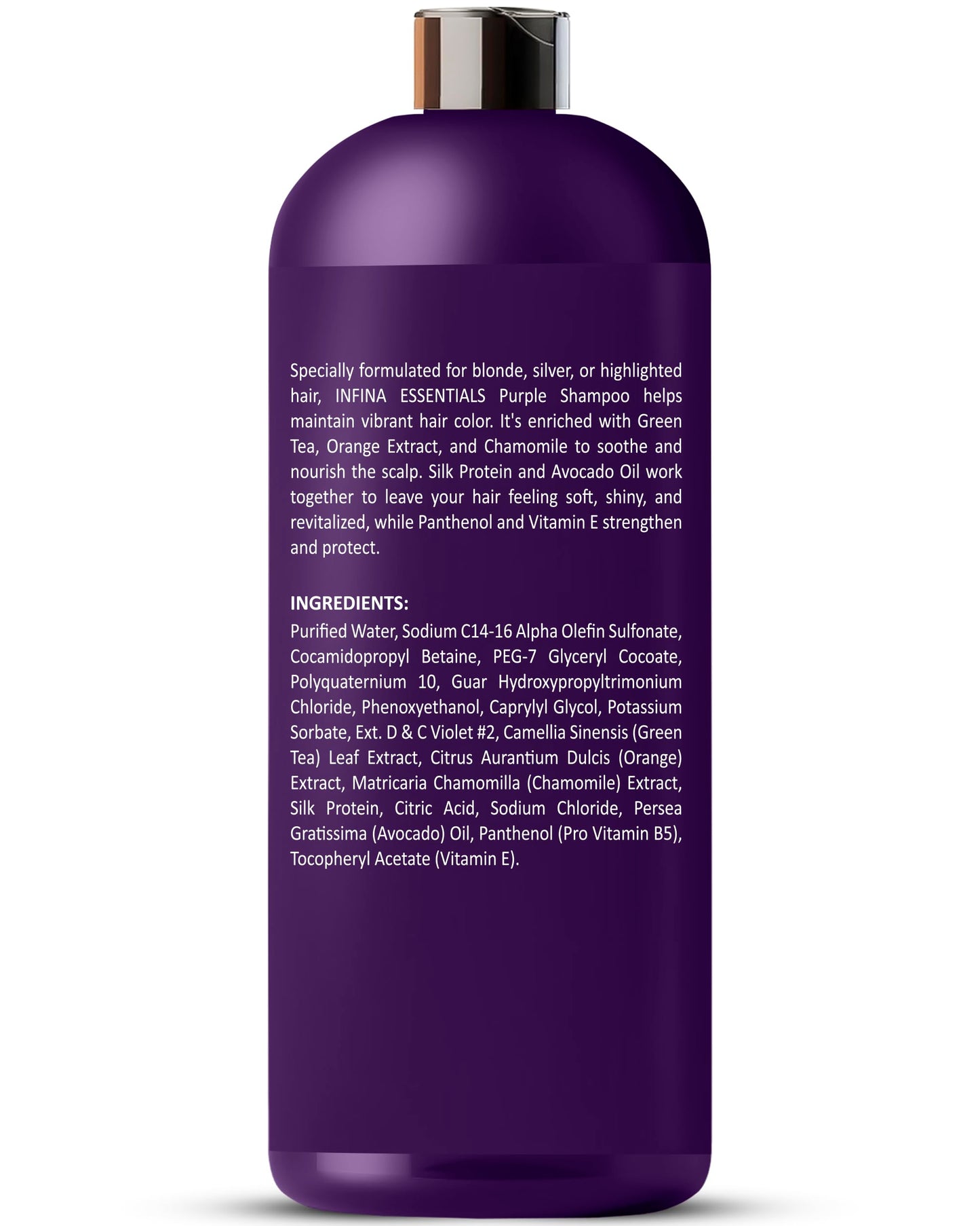 INFINA ESSENTIALS Purple Shampoo for Blondes, Gray, Brassy & Color Treated Hair, Sulfate Free, Enriched with Green Tea & Chamomile & Avocado Oil - Nourishing & Hydrating Blonde Shampoo - 16 fl oz