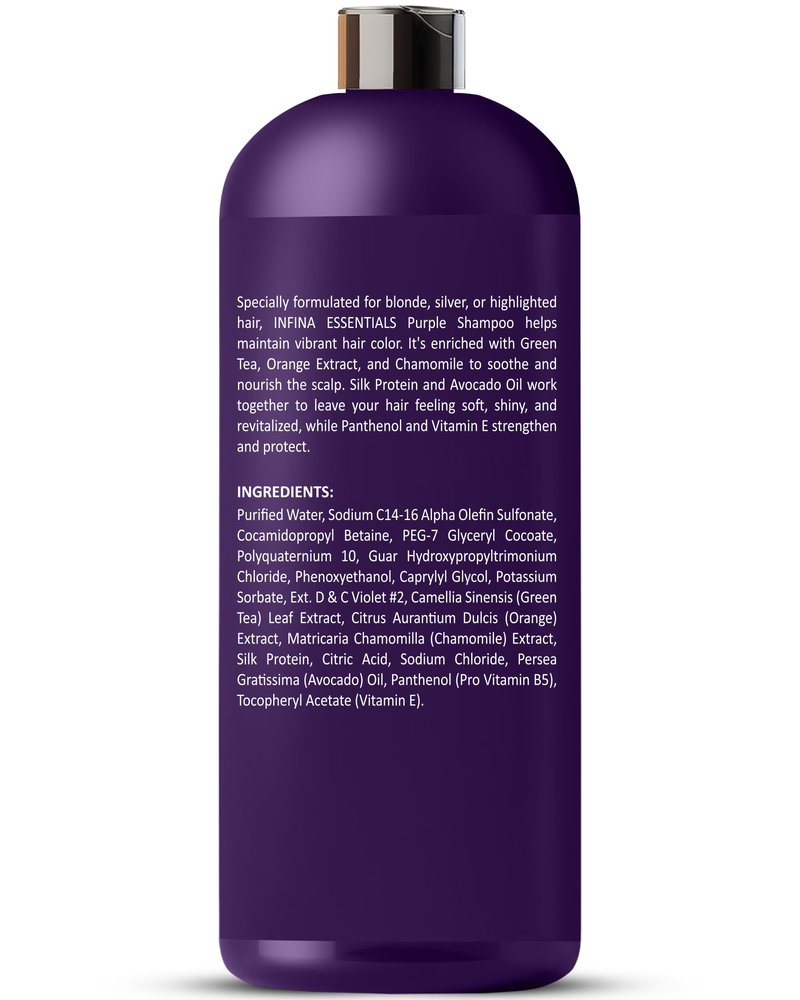 INFINA ESSENTIALS Purple Shampoo for Blondes, Gray, Brassy & Color Treated Hair, Sulfate Free, Enriched with Green Tea & Chamomile & Avocado Oil - Nourishing & Hydrating Blonde Shampoo - 16 fl oz