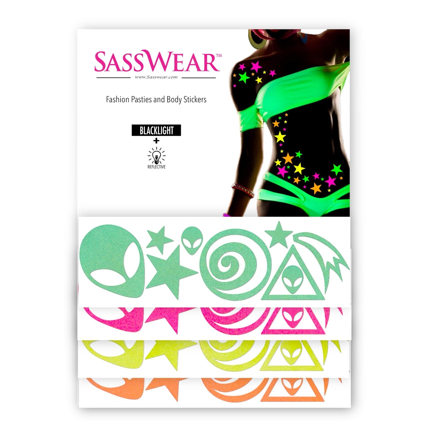 Sasswear Blacklight Body Stickers - Neon Fashion Accessories for Raves, Festivals and Glow Parties, 40/pk (Alien)