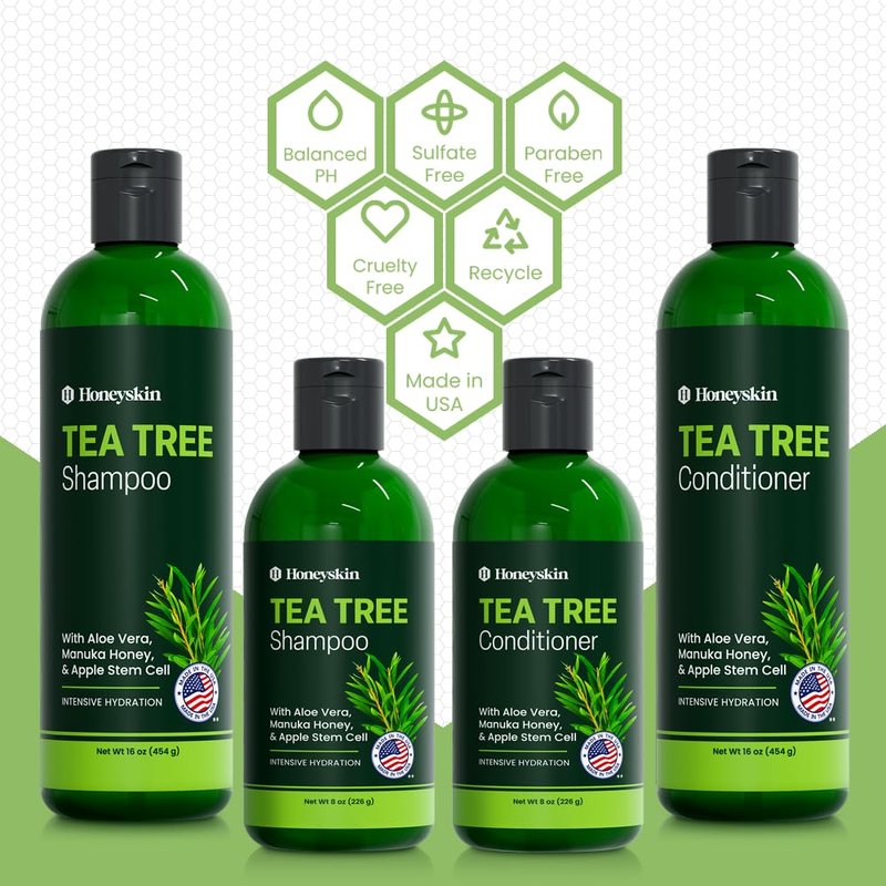 Tea Tree & Honey Shampoo & Conditioner Set - Dandruff Treatment With Organic Tea Tree Oil - Itchy Scalp Treatment for Women & Men - Sulfate and Paraben Free With Manuka Honey Aloe Vera & Coconut (8oz)