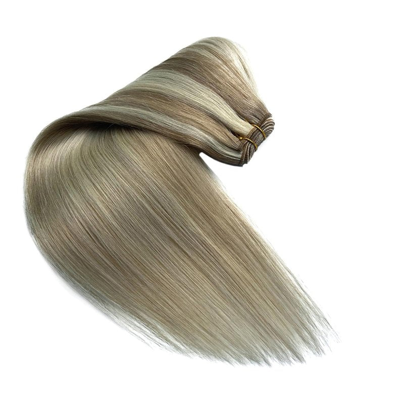 Ash Blonde Balayage Blonde Highlights Sew in Hair Extensions Real Human Hair Hand Tied Weft Extensions Remy Human Hair Bundles 14 Inch 80G Sew in Weft Hair Extension Human Hair Weave
