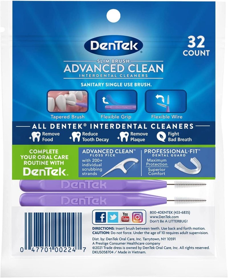DenTek Advanced Clean Slim Brush Interdental Cleaners, Extra Tight Between Teeth Brushes, Plaque Removal, Dental Picks for Oral Care, Fresh Mint Mouthwash Blast, 32 Count (Pack of 6)