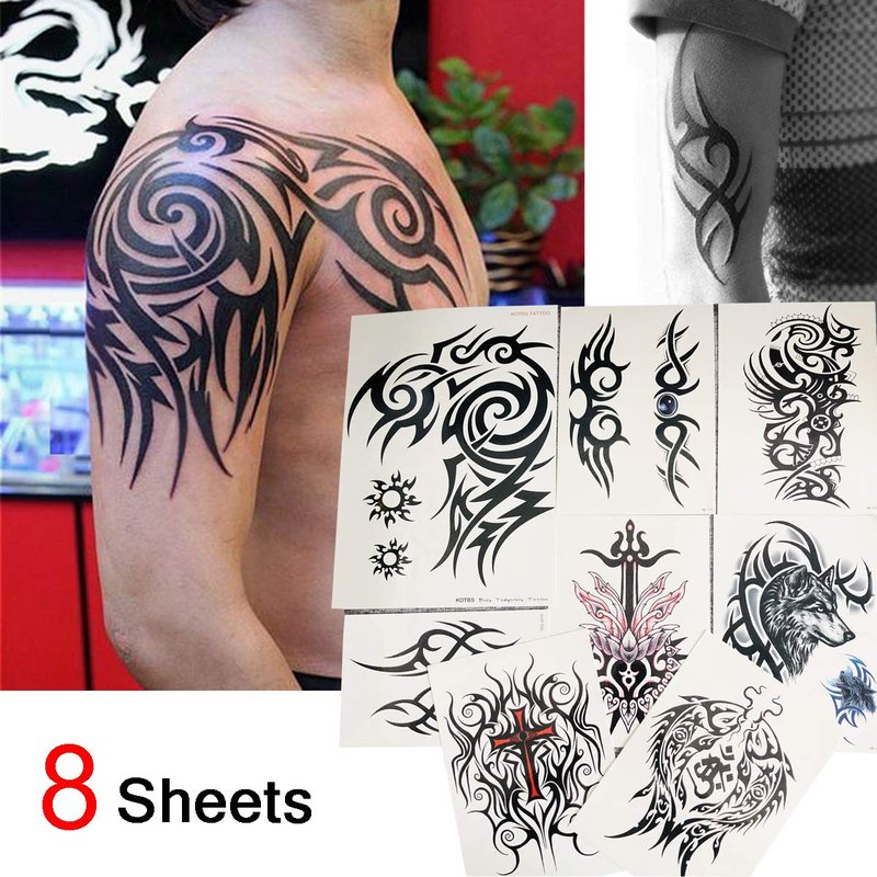 8-Sheet Waterproof Temporary Tattoos - Large Realistic Body Art for Men Women - Premium Fake Tattoo Stickers for Concerts & Beach Parties