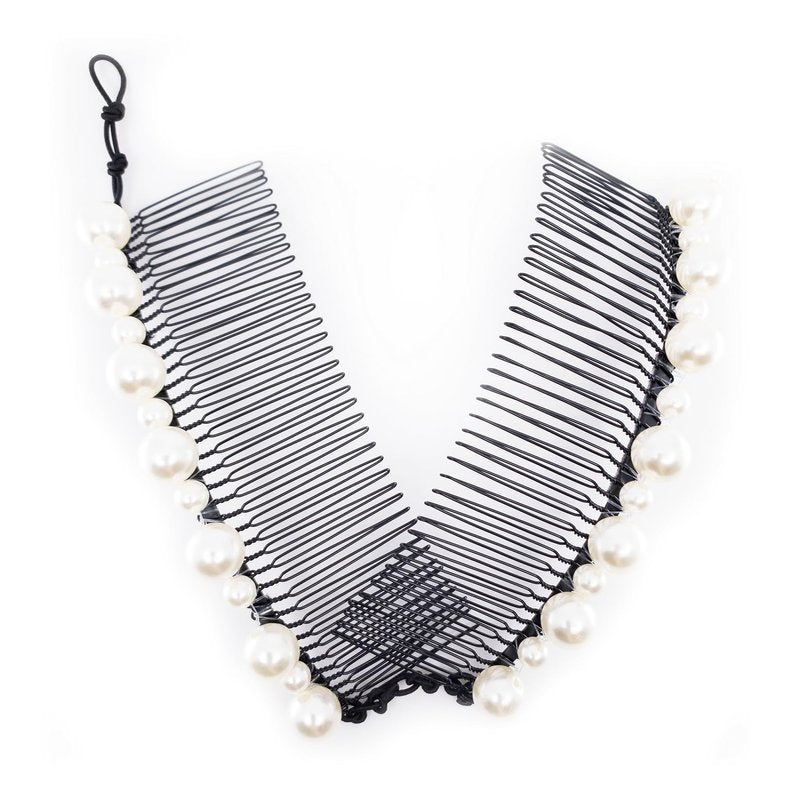 Stretch Banana clips (2-Pack) - Hair Combs for Thick or Natural Hair - Comfortable all-day hold for updo hairstyles (Large, Black Satin Cord wrap and White faux Pearl bead)