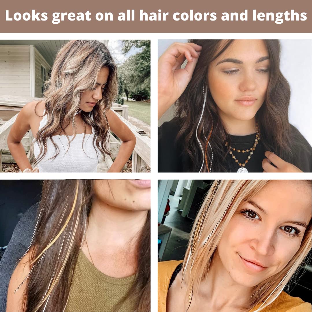 Natural Hair Feathers with Loop & Beads Browns, Black & White, Neutrals