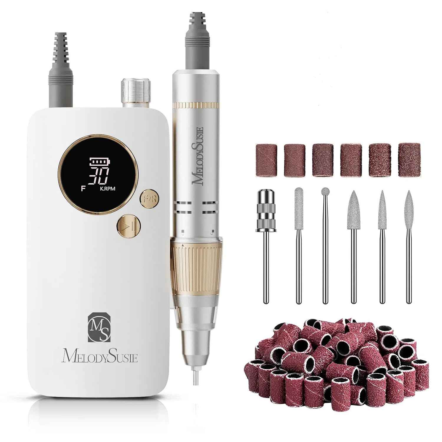 MelodySusie 30000 RPM Portable Nail Drill with 50 Nail Bits & Long Sanding Bands