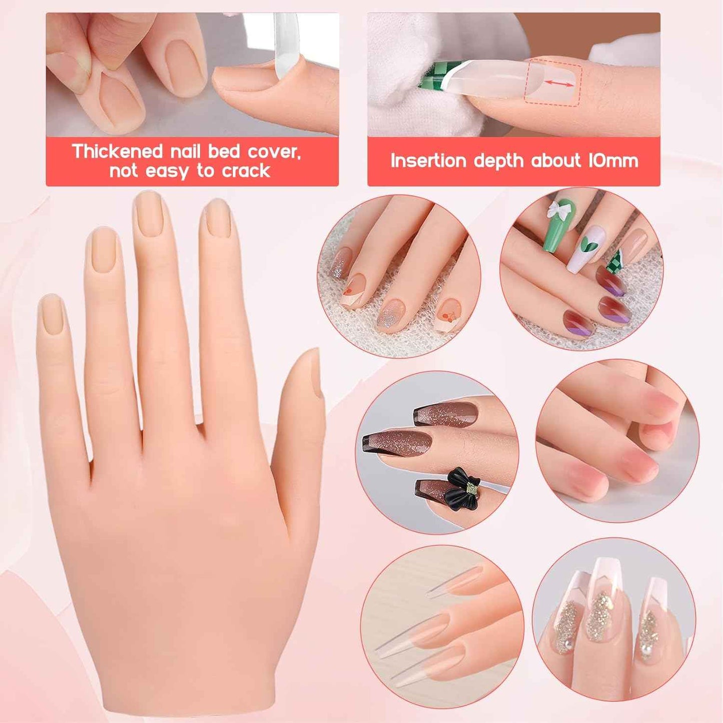 Flexible Silicone Practice Hand for Acrylic Nails with 528 Nail Tips & Stand