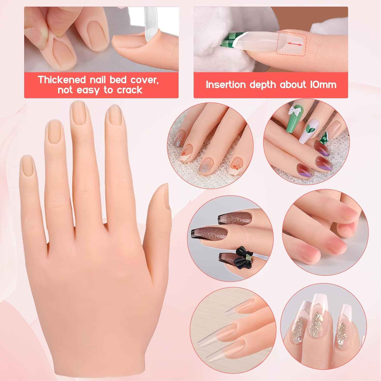 Flexible Silicone Practice Hand for Acrylic Nails with 528 Nail Tips & Stand
