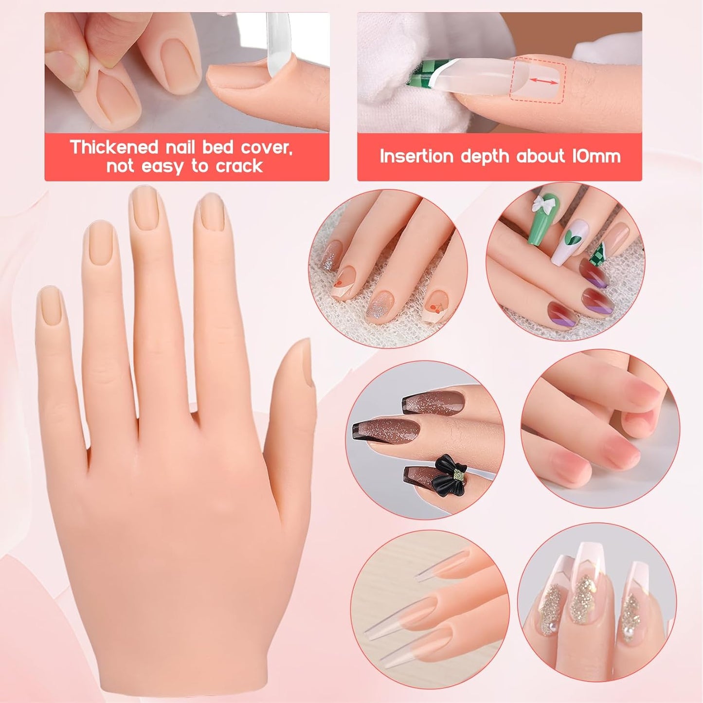 Flexible Silicone Practice Hand for Acrylic Nails with 528 Nail Tips & Stand