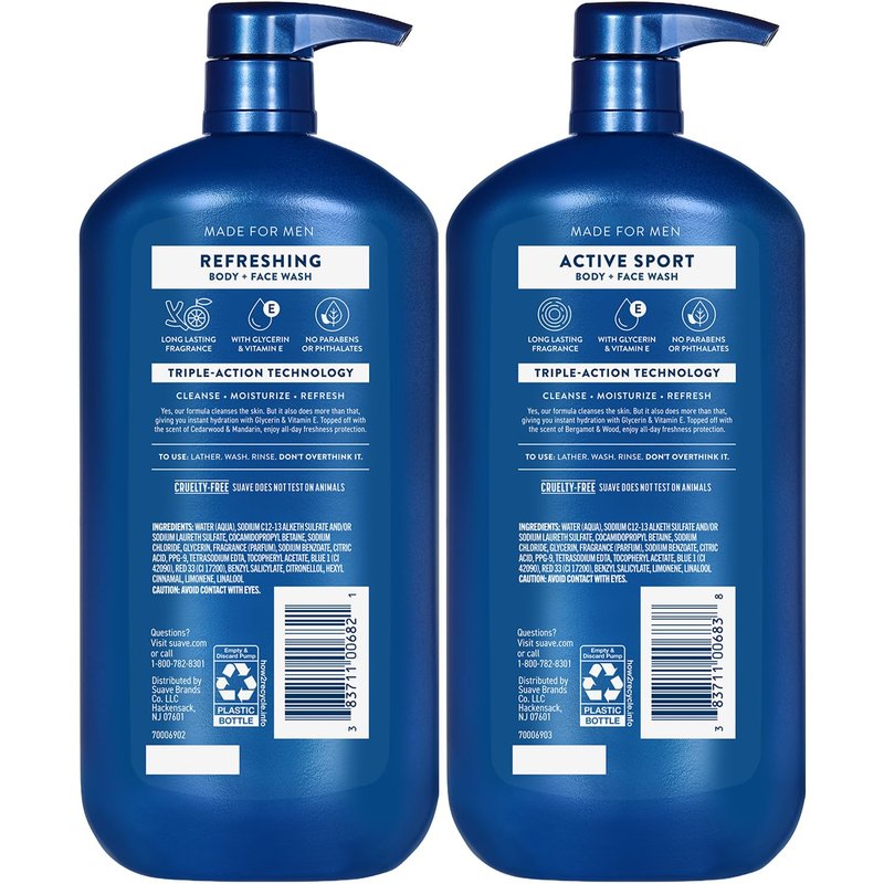 Suave Men Body Wash Bundle – Energizing Sport + Refreshing Body + Face Wash, 30 Oz Ea (3 Piece Set)