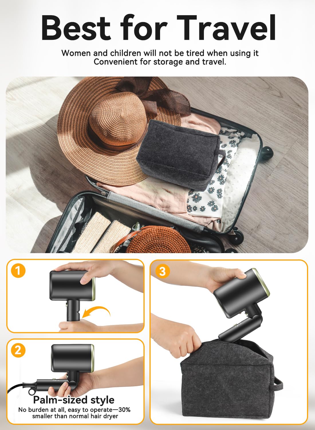 Hair Dryer, 150000RPM Ionic Blow Dryer - Fast Drying, Low Noise, Foldable Portable with Diffuser and Nozzle, Compact Mini for Women and Men, Home and Travel ๏ผBlack๏ผ