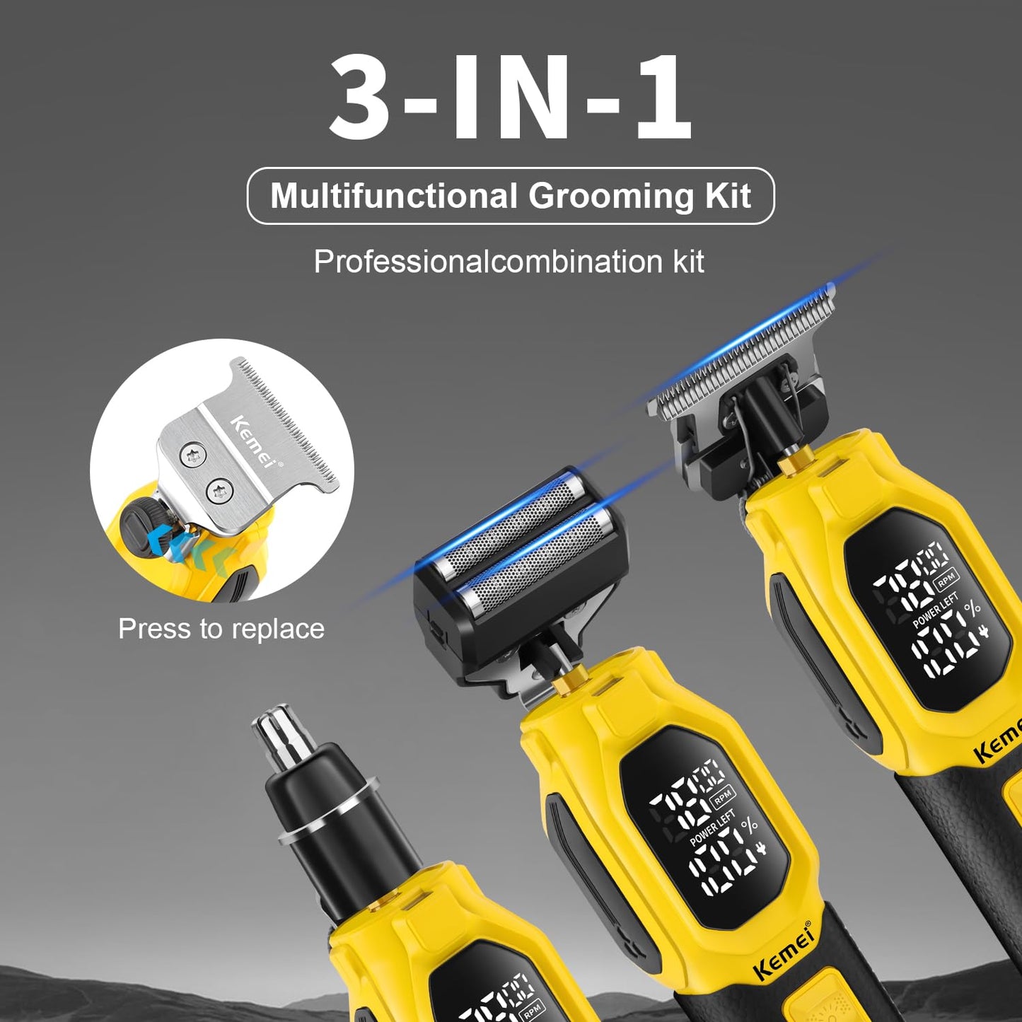 KEMEI Professional 3-in-1 Complete Grooming Tools for Men, Cordless Beard Trimmer, Electric Facial, Ear & Nose Trimmer, Rechargeable Hair Clippers, Gifts for Men