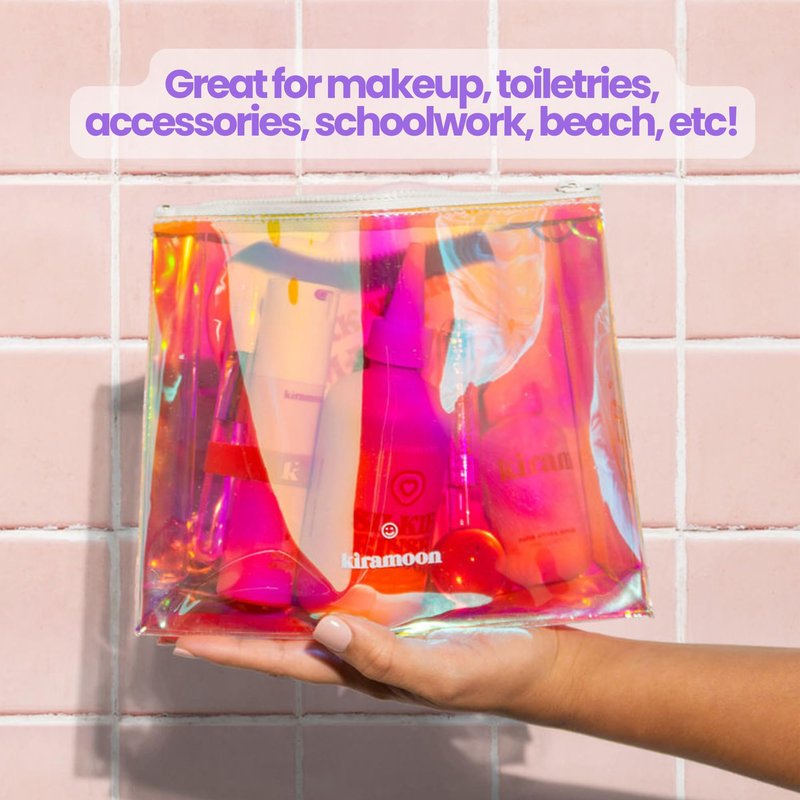 Kiramoon Magic Pouch Cute Clear Iridescent Holographic Makeup Bag Toiletry Cosmetic Bag Gifts for Women Girls Teens Friends Bachelorette Rainbow Waterproof