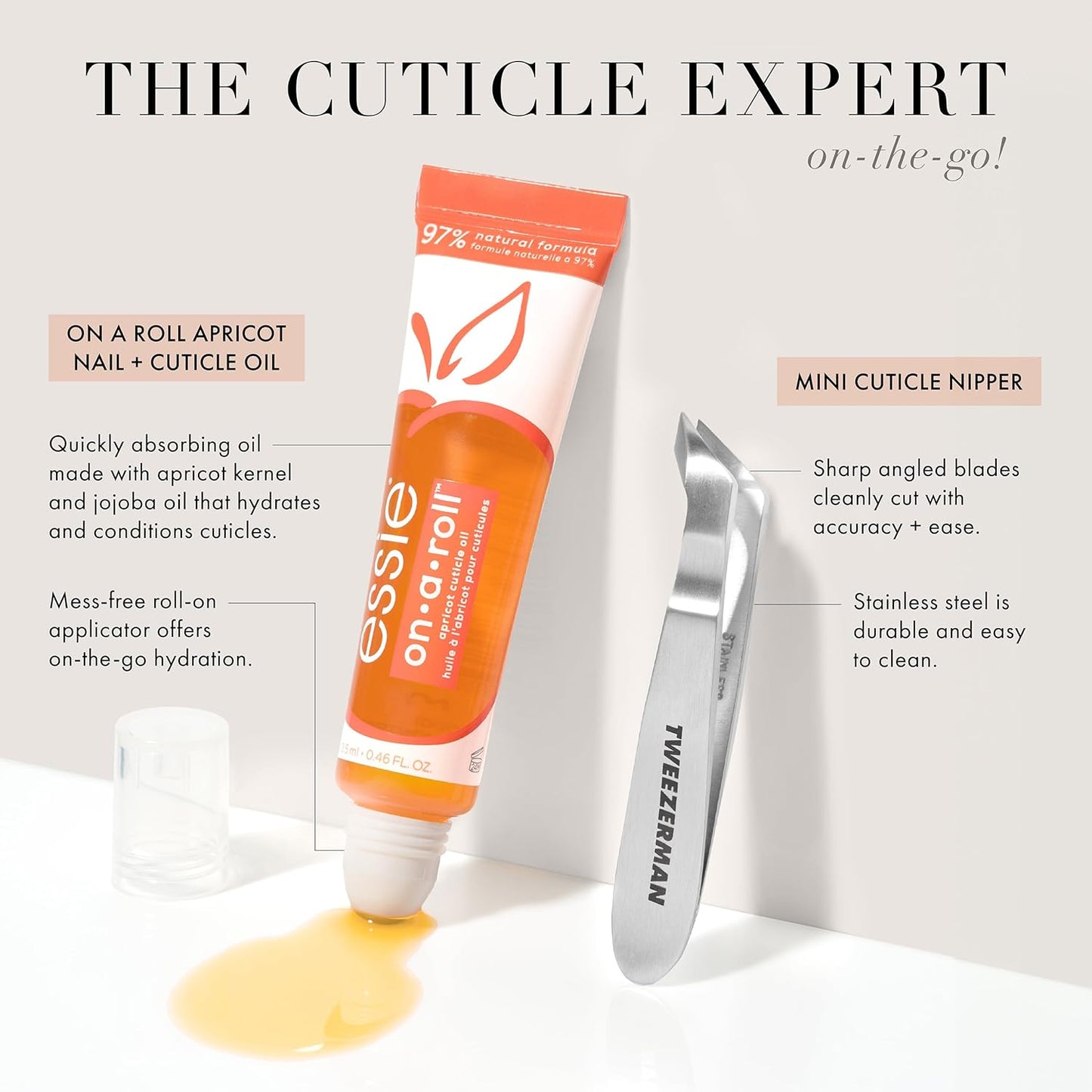 Cuticle Care Bundle: Tweezerman Mini Cuticle Nipper & Essie Apricot Cuticle Oil