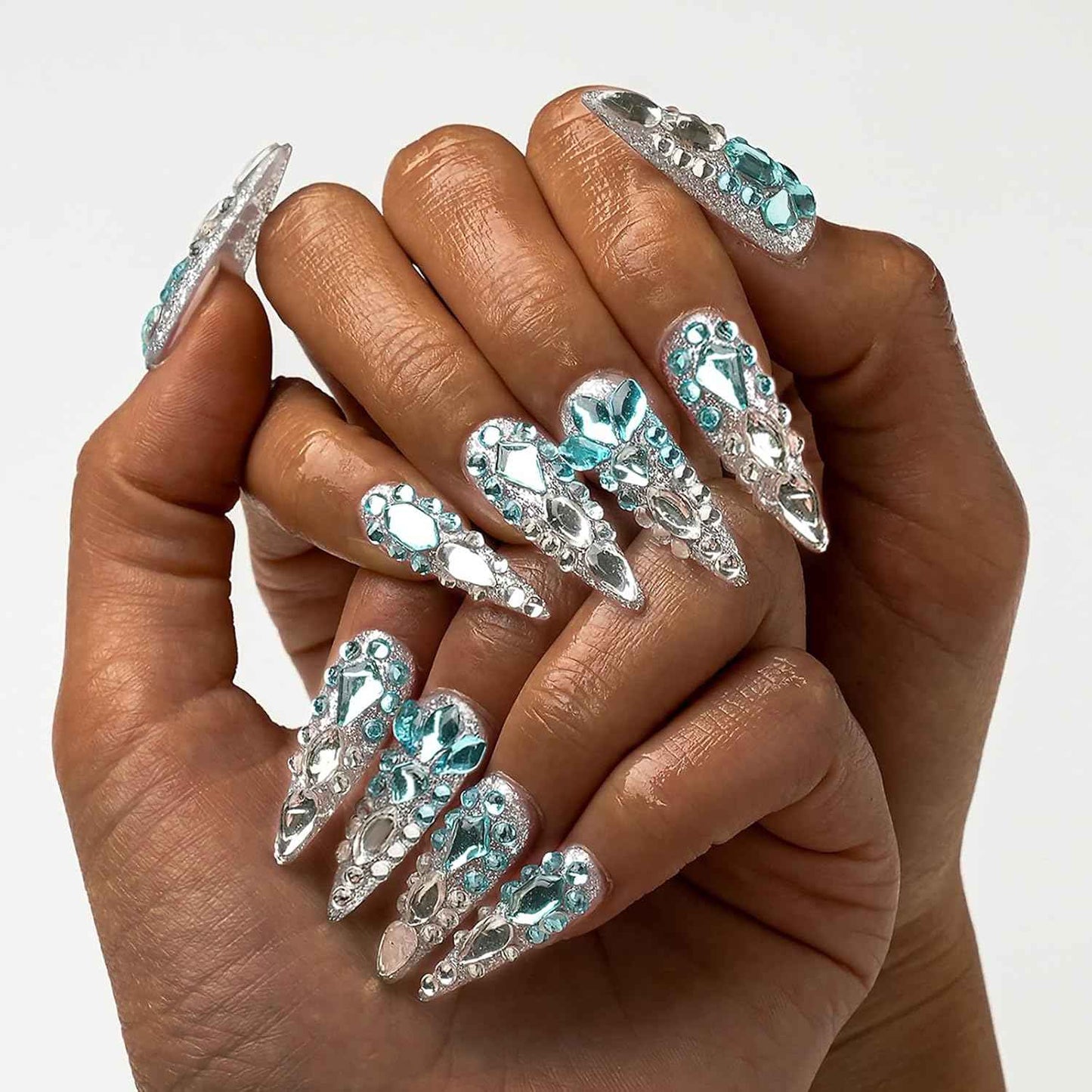 Luxury Ombre Red Glitter Press-On Nails Set - Long Square Glue-On Nails with Full Gem Coverage for Women & Girls (10 Pcs, Red-M)