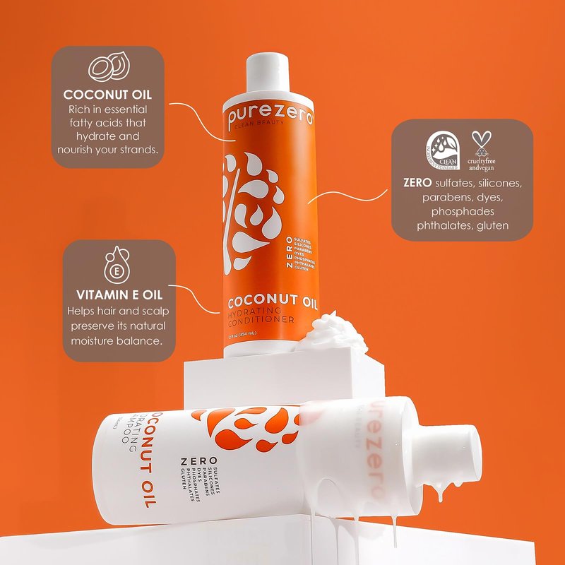 PureZero Coconut Oil Hydrating Silicone Free Shampoo & Conditioner Set – Vegan Formula for Dry or Color-Treated Hair – Deep Moisture, Sulfate-Free, Paraben-Free, Cruelty-Free Hair Care Duo, 2 × 12 oz