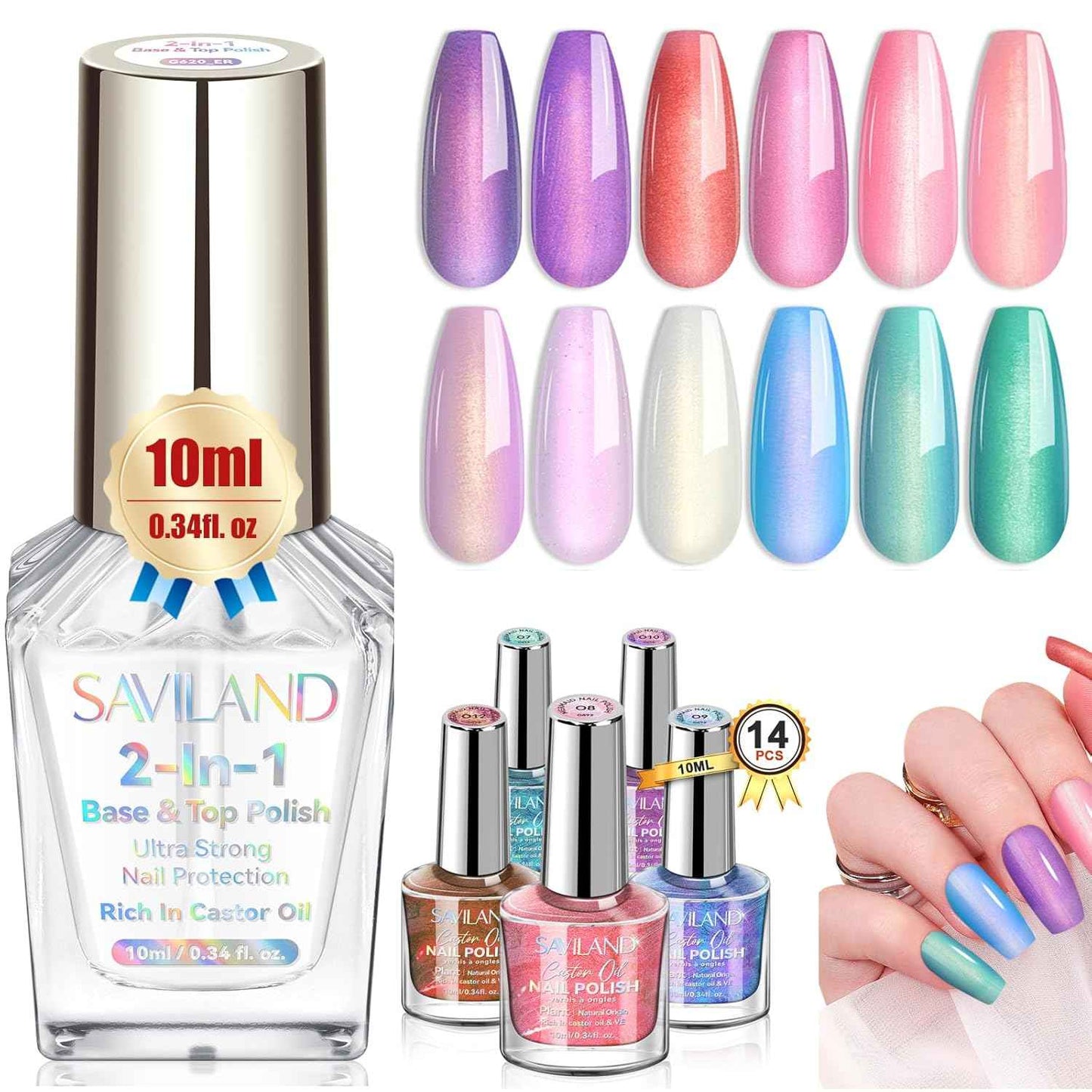 Aurora Nail Polish Kit - 12 Colors + 2-in-1 Base & Top Coat for Nail Art