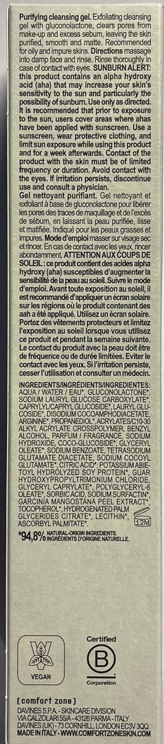 Active Pureness Cleansing Gel - Exfoliating Face Wash for Oily Acne Prone Skin | 6.76 Fl Oz, Vegan, Made in Italy
