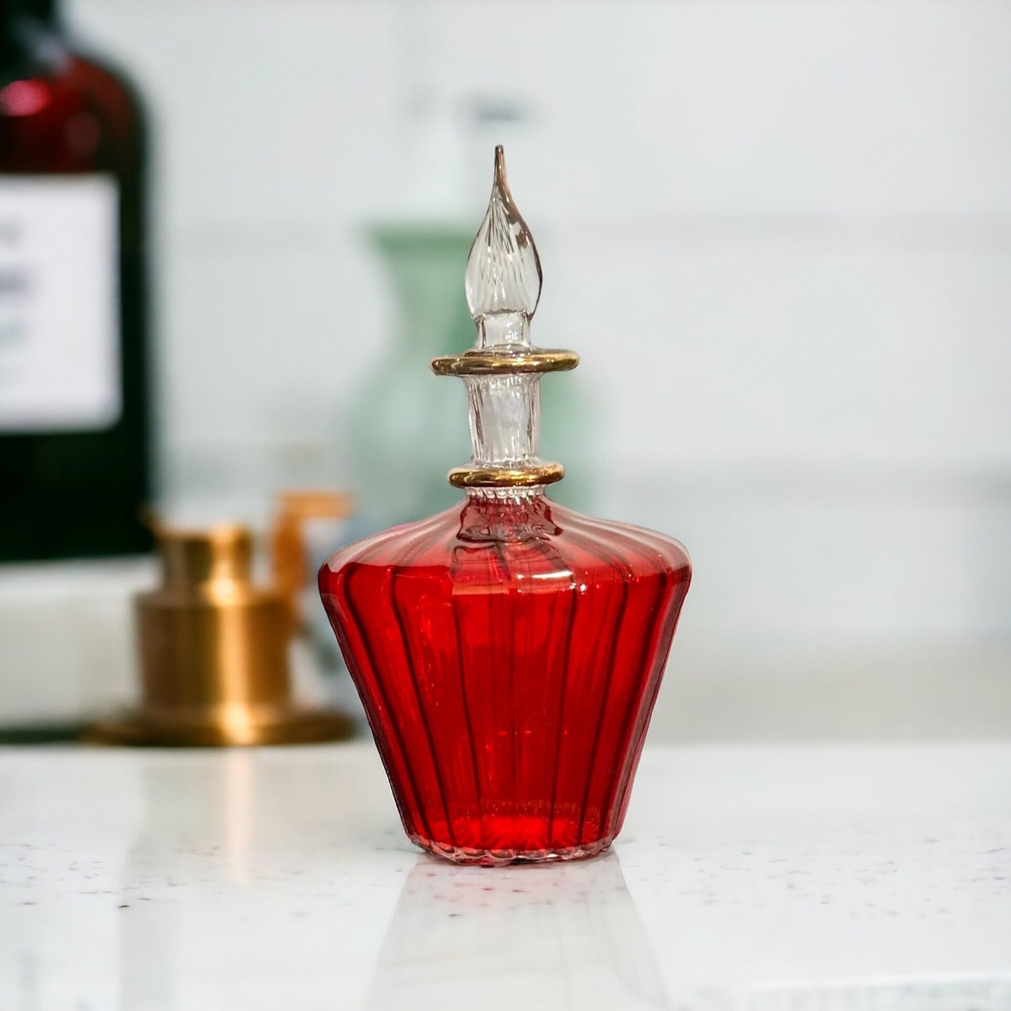 Les Trois Pyramides Hand-Blown Red Glass Perfume Bottle with 14K Gold Detailing | Refillable Decorative Glass Bottle | Egyptian Art