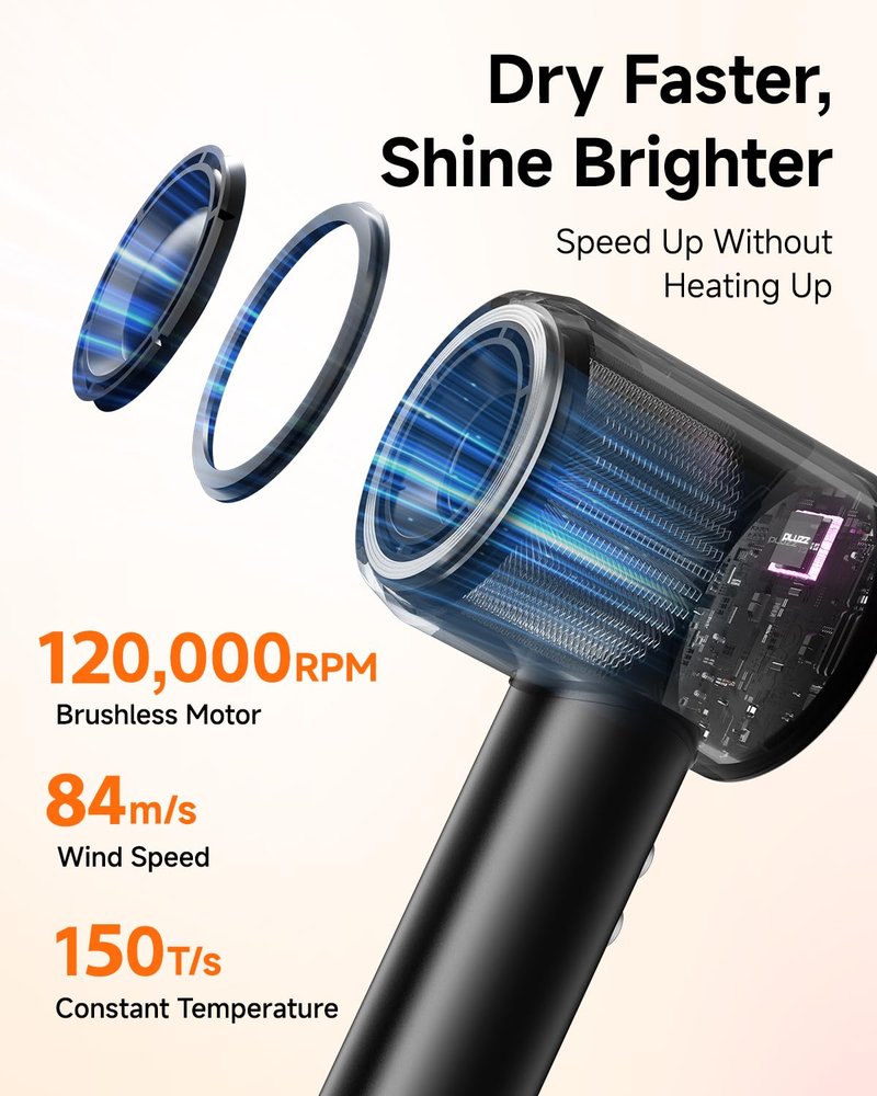 Hair Dryer, High Speed Ionic Blow Dryer with Brushless Motor for Fast Drying, Thermo-Control Quiet Hair Dryers for Women Men Kids, Small Portable Professional Hairdryer, Compact, Travel/Home/Salon