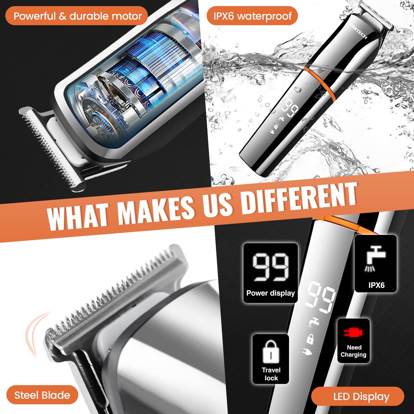 PRITECH Beard Trimmer for Men – 6-in-1 Cordless Grooming Kit, IPX6 Waterproof Wet & Dry with Foil Shaver & Nose Trimmer, USB-C Rechargeable 90min Runtime, Home Travel Use (Silver)