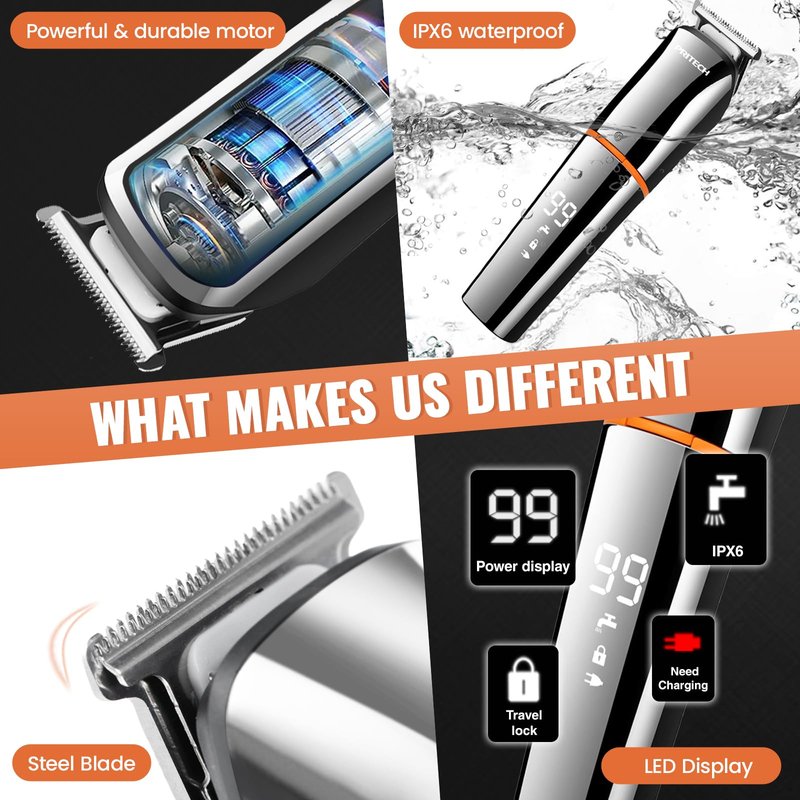 PRITECH Beard Trimmer for Men – 6-in-1 Cordless Grooming Kit, IPX6 Waterproof Wet & Dry with Foil Shaver & Nose Trimmer, USB-C Rechargeable 90min Runtime, Home Travel Use (Silver)