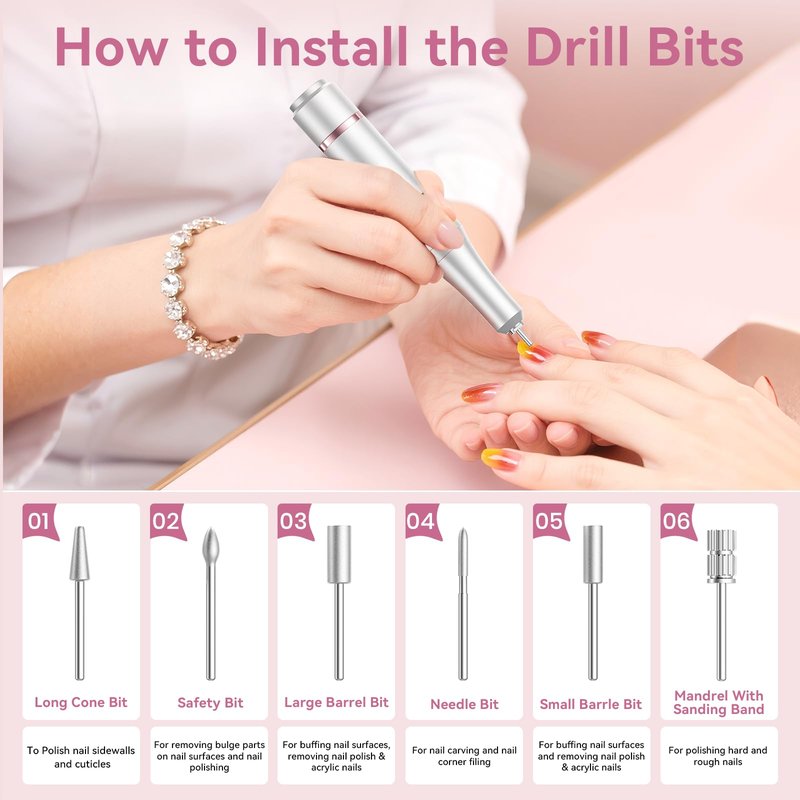 Professional Electric Nail Drill 45000RPM, Portable Nail File for Acrylic Gel Nails, Cordless Rechargeable Salon-Grade Ultra Power Nail Drill Kit for Shaping, Polishing & Removing Gel Nails