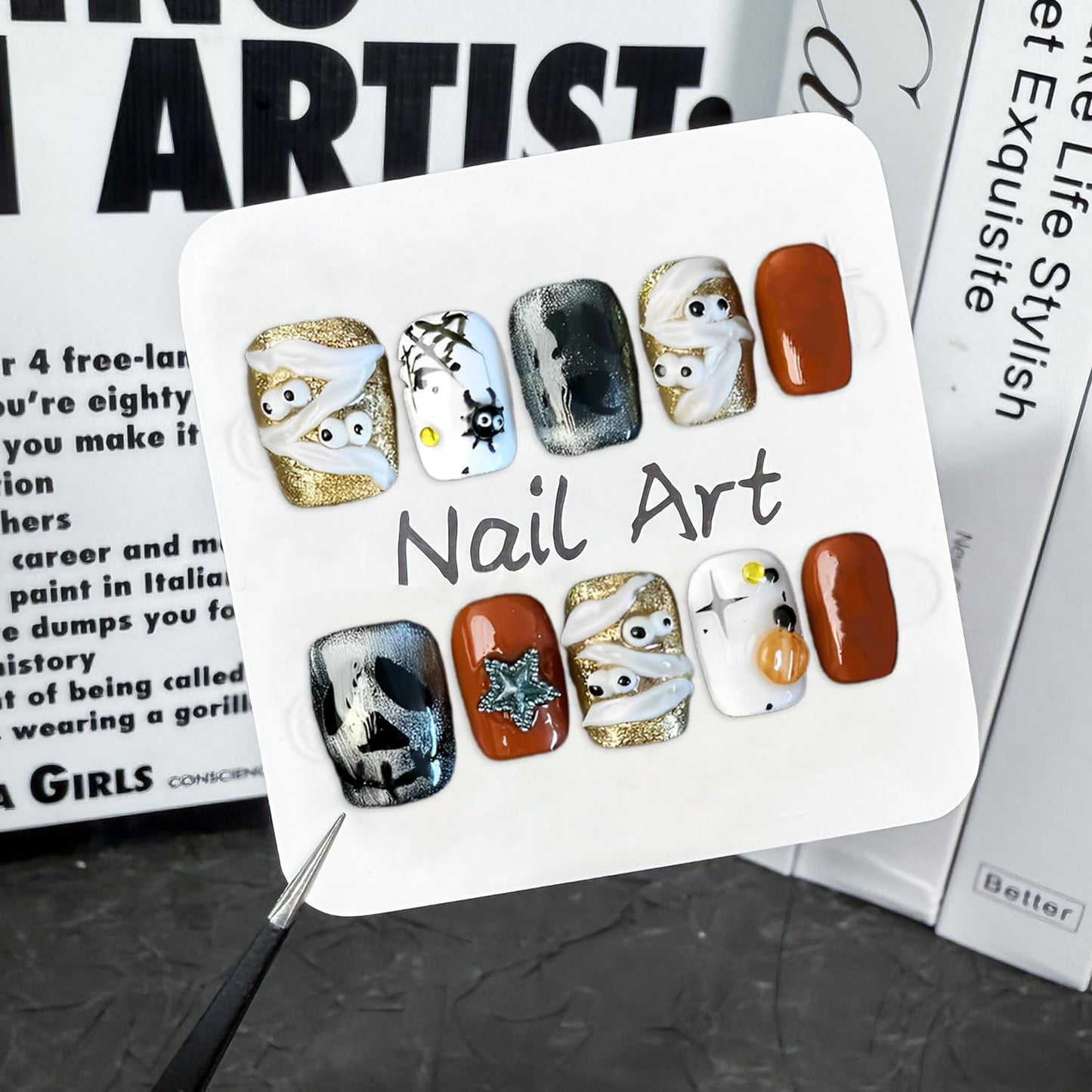 Christmas Press-On Nails - Short Square Gel Full Cover with Reindeer & Santa Designs