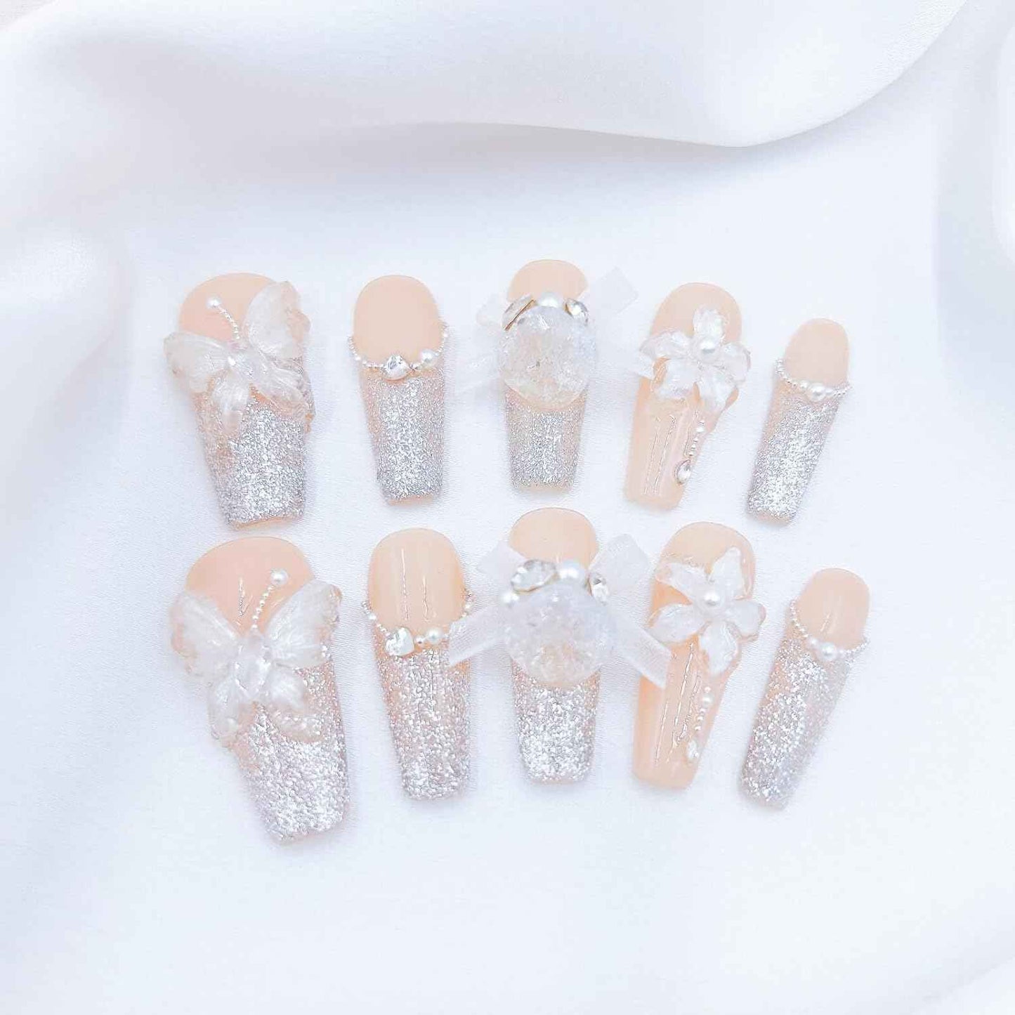 White Wedding 3D Flower Press-On Nails | Reusable Coffin Nails for Women - 20pcs (Pearl Romance, L)