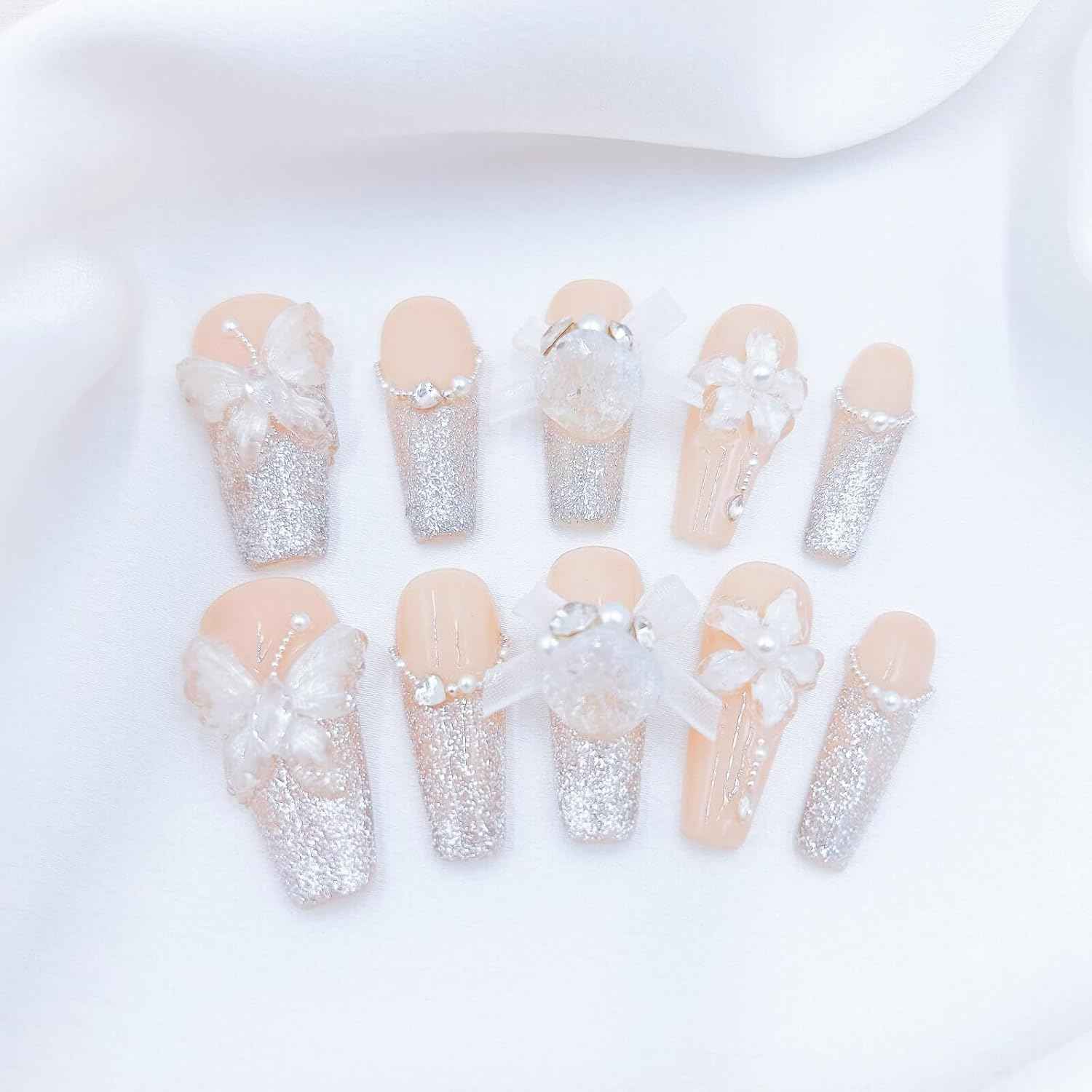 White Wedding 3D Flower Press-On Nails | Reusable Coffin Nails for Women - 20pcs (Pearl Romance, L)
