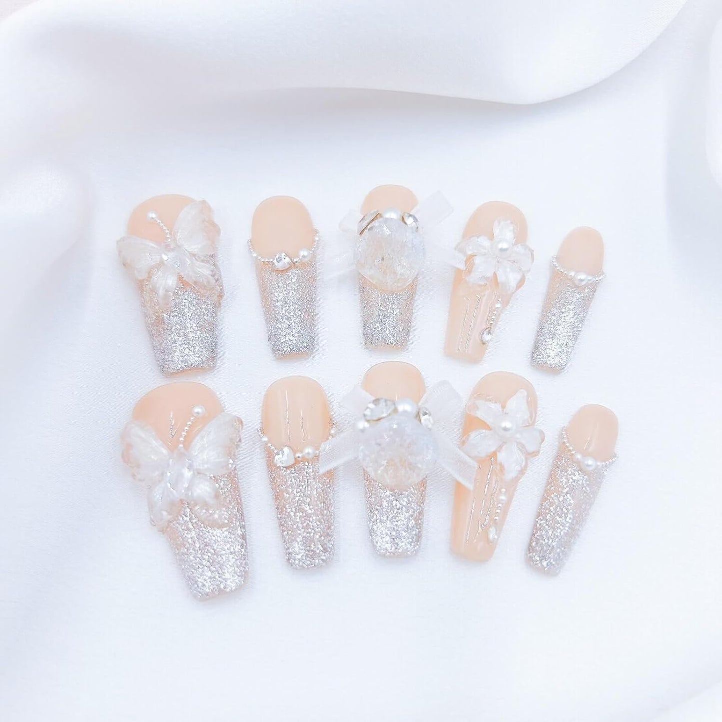 White Wedding 3D Flower Press-On Nails | Reusable Coffin Nails for Women - 20pcs (Pearl Romance, L)