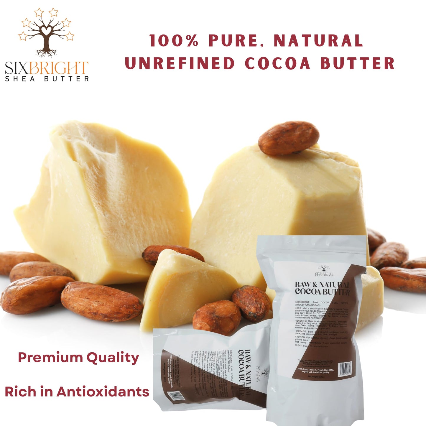 Sixbright Unrefined Cocoa Butter –16 oz | 100% Pure, Food Grade- Natural Moisturizer for Dry Skin, Fades Stretch Marks & Scars ,For Skin, Hair, DIYs. Chocolate Aroma