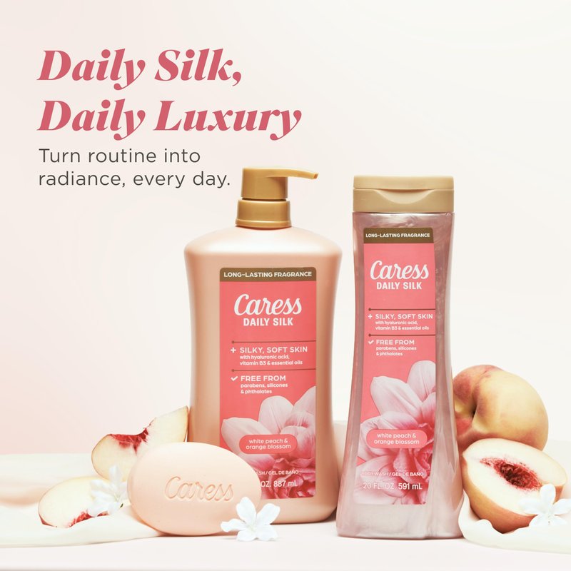 Caress Body Wash With Pump Daily Silk White Peach & Orange Blossom Body Soap for Noticeably Silky, Soft Skin 30 fl oz, 4 Pack