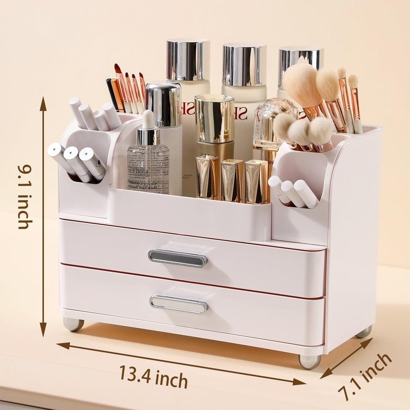 Anyoifax Makeup Organizer Countertop with Large Drawers, Vanity Organizer with Brush Holder, Skin Care Storage for Dresser, Perfume Organizer for Lotion, Lipsitck, Palette, All White