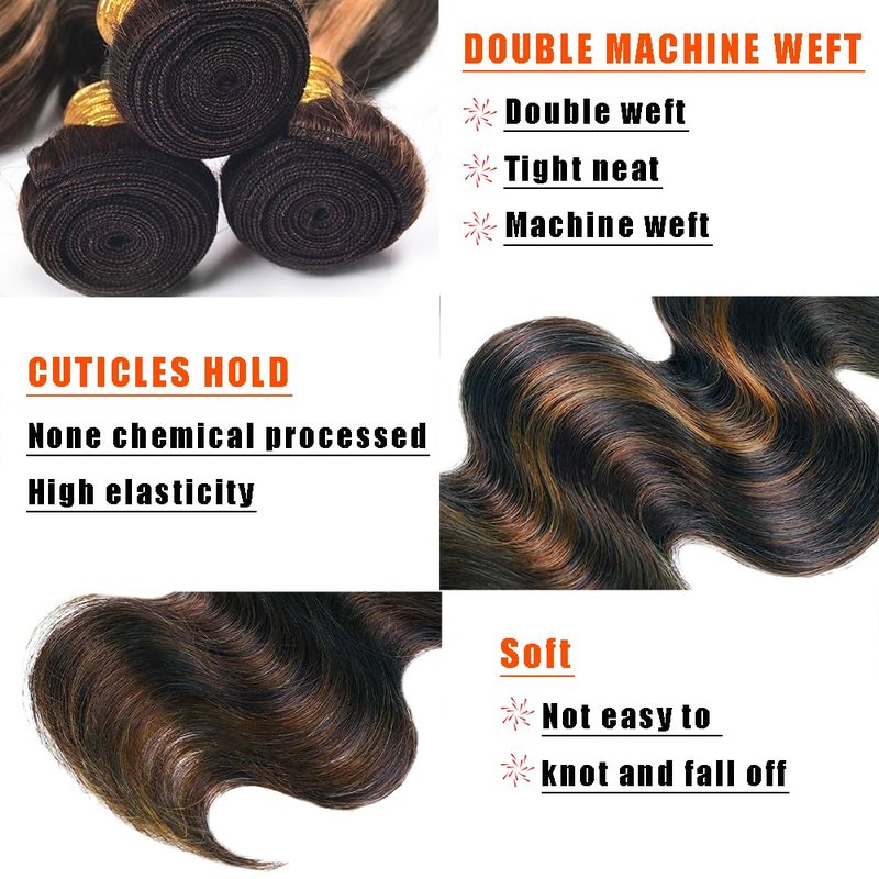 1B30 Highlight Human Hair Bundles Body Wave Light Brown Ombre Bundle Quick Weave Wet and Wavy Unprocessed Native Virgin Raw Trippy Hair Extensions 1 Bundle 22 Inch Double Weft for Black Woman