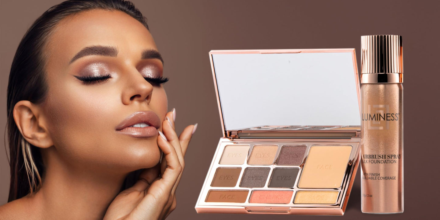 LUMINESS Complete Makeup Kit - Includes Face Palette, Airbrush Foundation, Primer and Brush - Silky, Long-Wearing, Easy to Blend, Perfect Makeup for Older Women, 4-PC Make Up Set (03 - Light Medium)