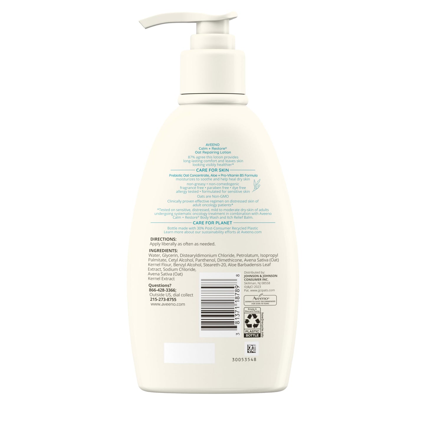 Aveeno Calm + Restore Oat Repairing Body Lotion for Sensitive Skin, Daily Moisturizer with Prebiotic Oat, Aloe & Pro-Vitamin B5, Fragrance Free Body Lotion Helps Heal Dry Skin, 12 oz