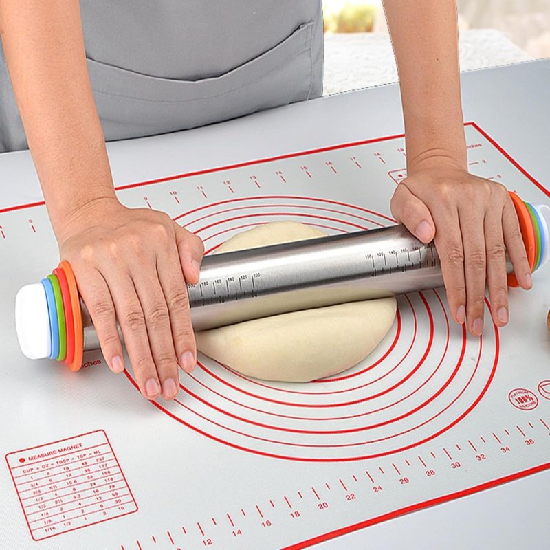 liboyixi Rolling Pin and Pastry Baking Mat Set, 17-inch Rolling Pins with Adjustable Thickness Rings, Stainless Steel Dough Roller for Baking Fondant, Pizza, Pie, Pastry, Pasta, Cookies (Red)