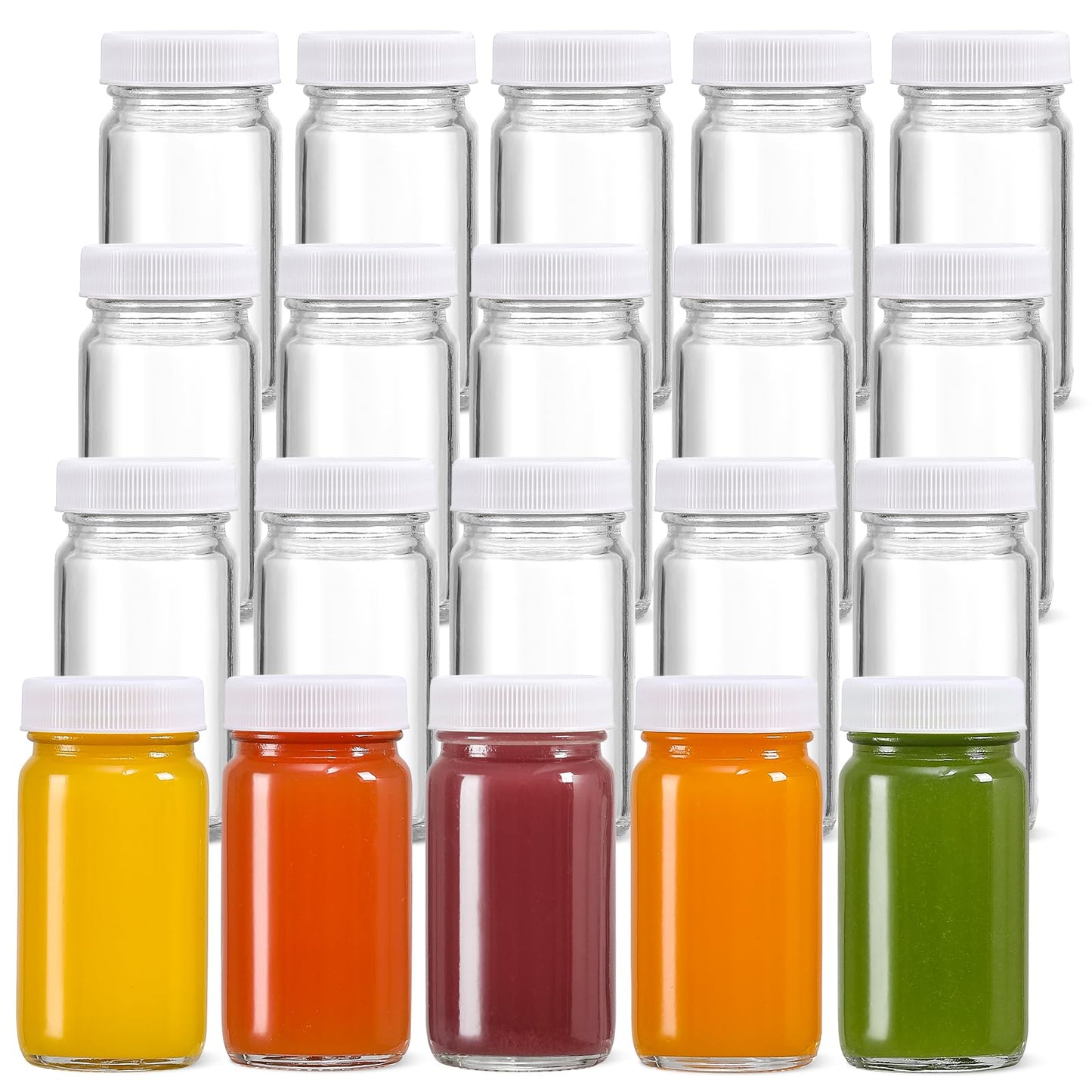 20 Pack 2 oz Glass Shot Bottles w/ White Lids & 20 Labels - Small Clear Jar for Ginger, Wellness Shot, Juice, Sample, Whiskey - Travel Essentials Mini Bottles - Wide Mouth, Leakproof, Dishwasher Safe