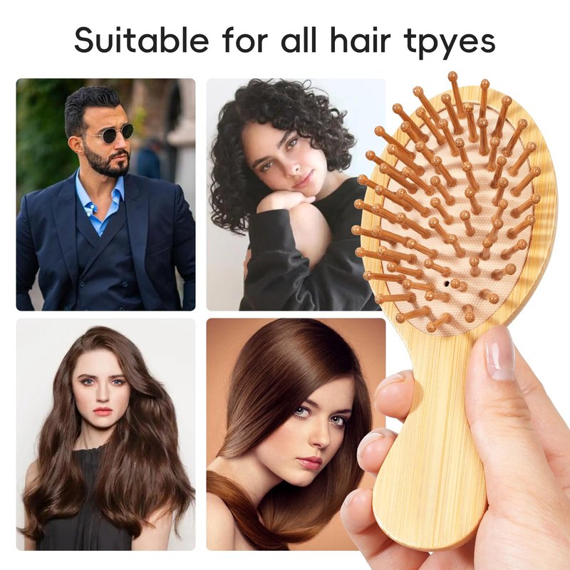 MRD 12 Pcs Mini Bamboo Hair Brush Set, Bulk Natural Paddle Brushes with Ball-Tipped Bristles Detangling Hairbrush, Massage Scalp Thick/Thin/Curly/Dry Hair For Women & Men DIY at Home Round