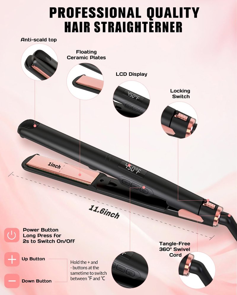 Soffiya Flat Iron Hair Straightener, Ceramic Hair Straightener and Curler 2 in 1, Rapid 30-Second Heat-Up Hair Straightening Iron with Floating Plates for Less Frizz, Shinier & Smoother Hair