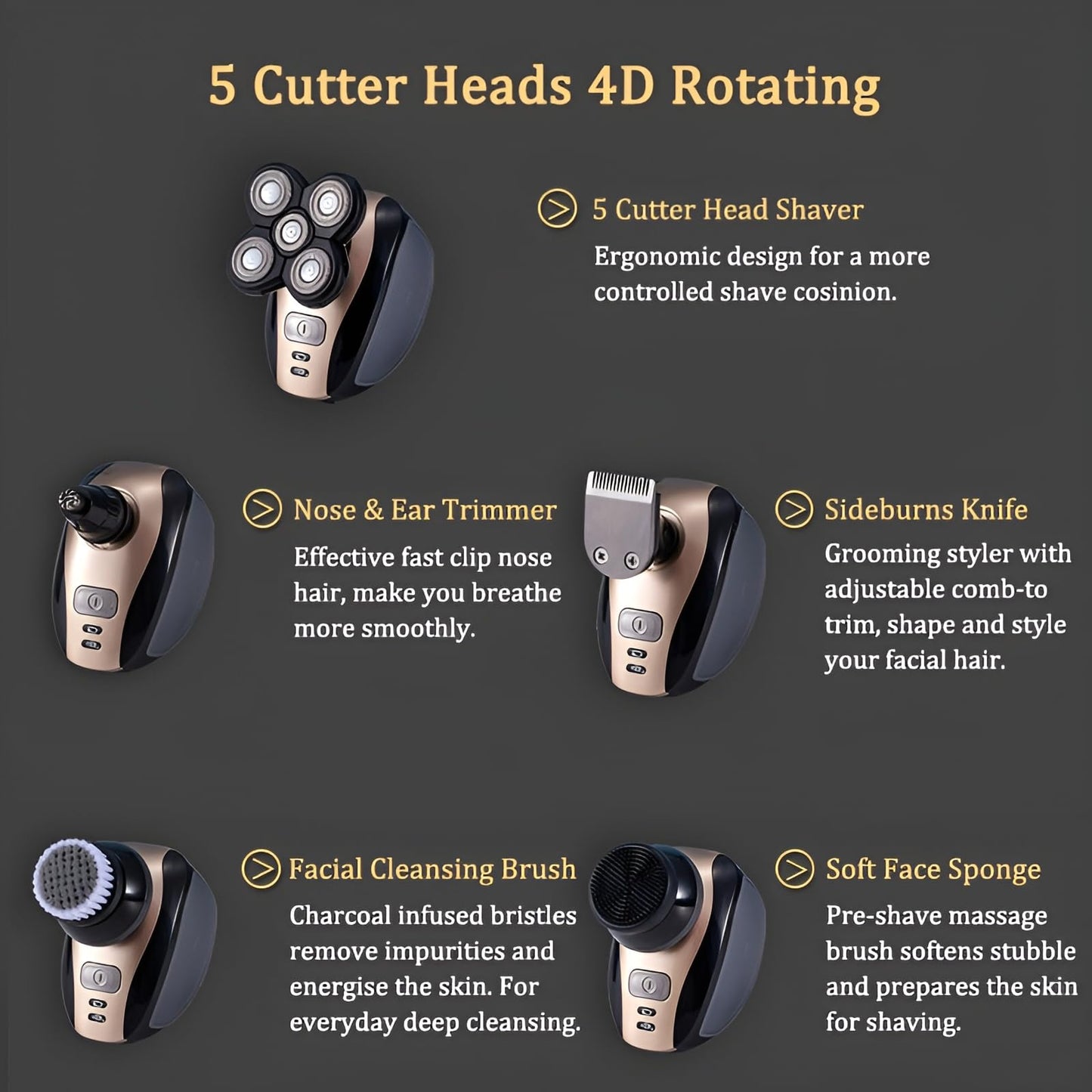 Five in one Razor USB Charging Cable, Instruction Manual, Cleaning Brush, Silicone Head, Barber Head, face wash Head, Nose Hair Device, Shaver 5 Knife Head, Limit Comb