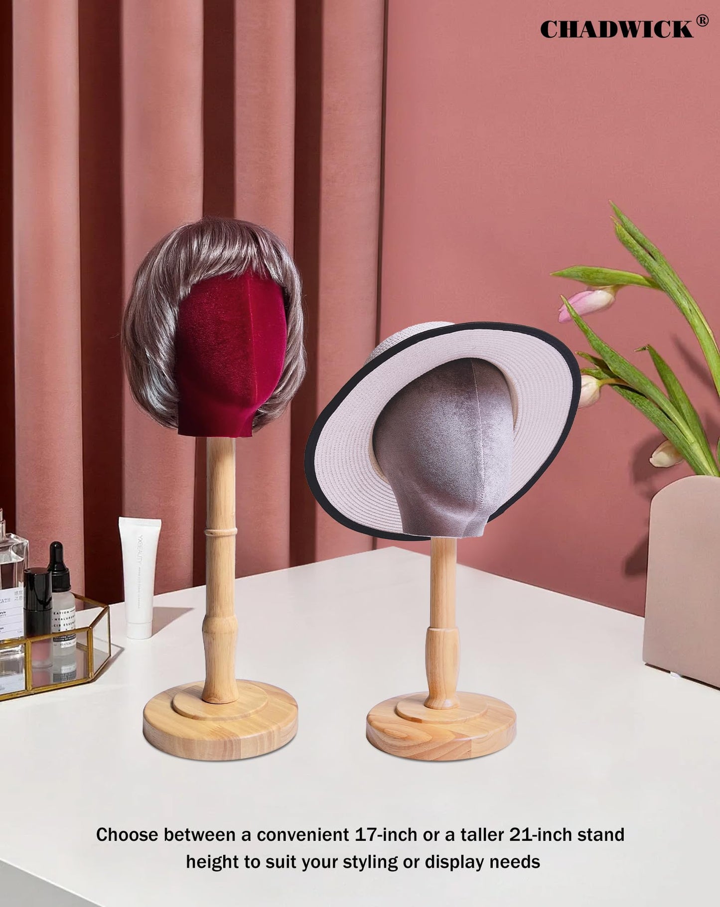 CHADWICK UnPinnable Mannequin Head With Stand 17Inch Height, 21.25 Inch Head circumference Velvet Wig Stand For Styling, Wig Head Stand With Mannequin Head, Hair Mannequin Head That Cannot Be Inserted
