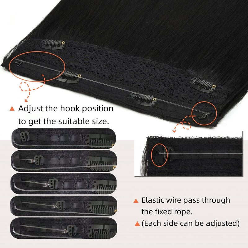 Invisible Fish Line Hair Extensions - 18 Inch Natural Black Human Hair Piece | 100g Lightweight Wire Extensions